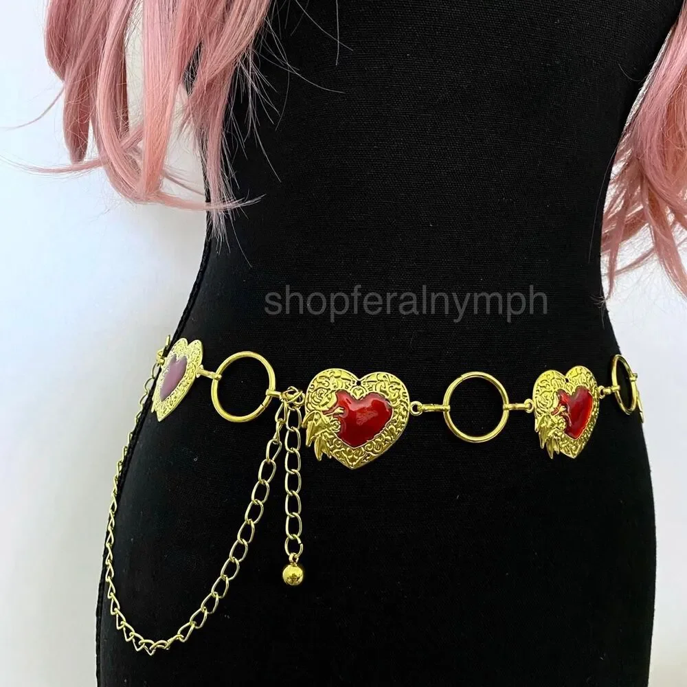 Gold Y2K Red Heart Open Ring Waist Chain Belt, Fits 25.5-45 Inches, X7GA1295